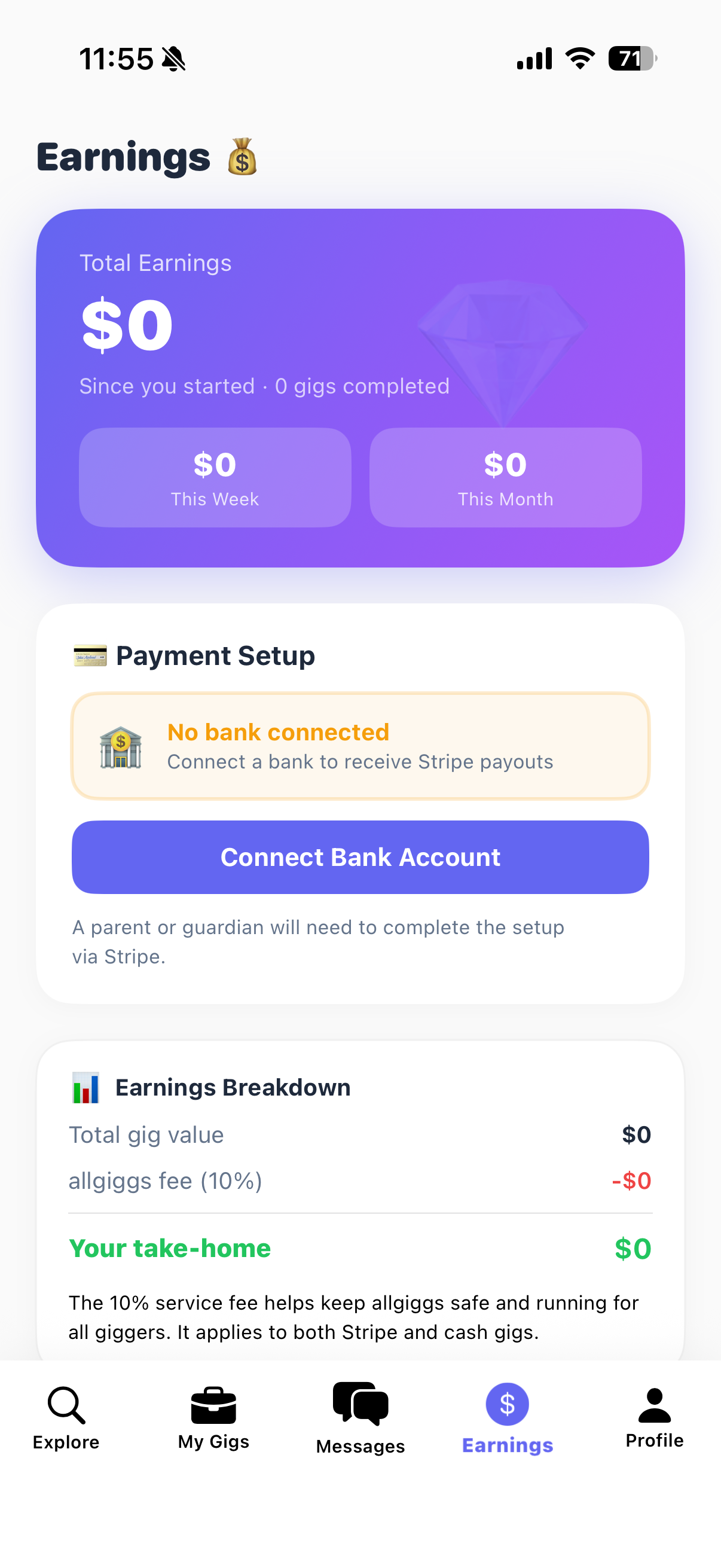 allgiggs earnings dashboard showing total earnings, payment setup, and fee breakdown
