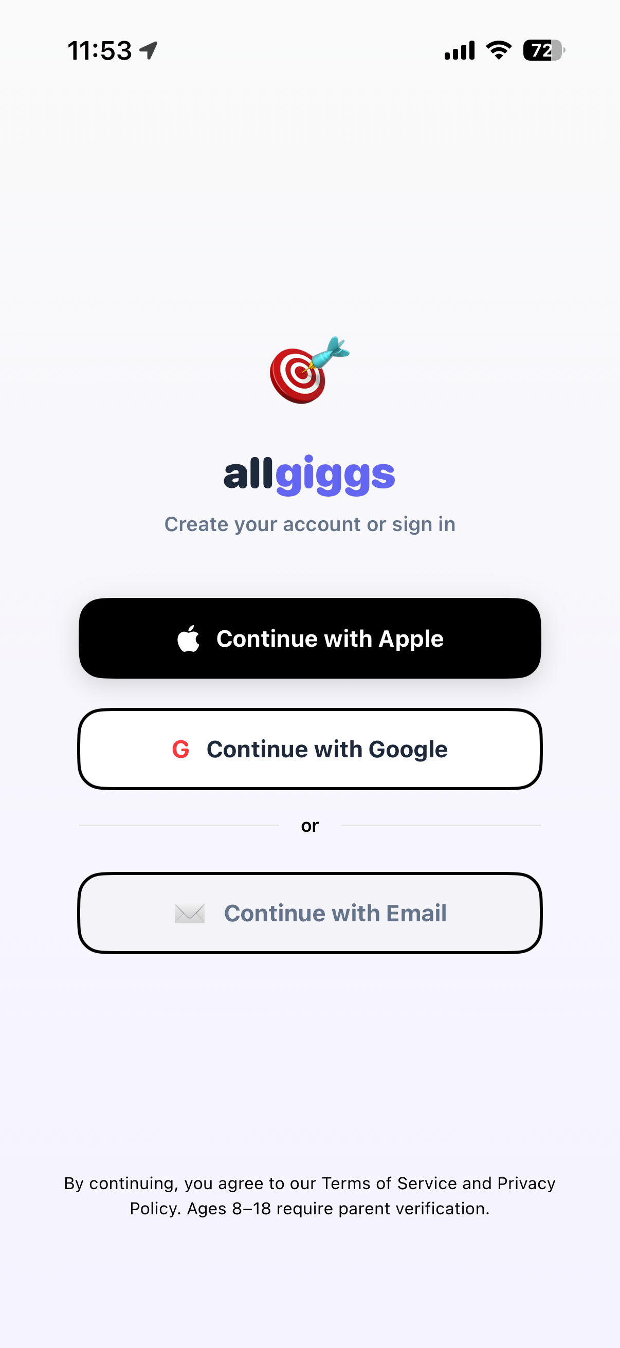 allgiggs sign up screen showing Apple, Google, and Email login options